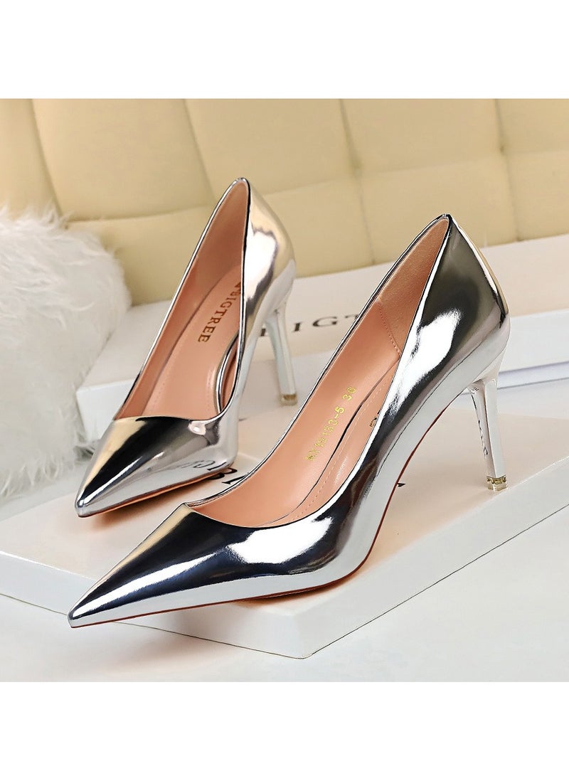بيج تري 2024 New Design Metallic heels Shoe Women Pointed Toes High Heel Shoes 7.5cm - Image 1