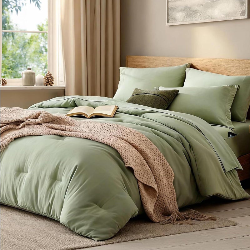 WRENSONGE Twin Comforter Set- 5 Pieces Sage Green Bed in a Bag, All Season Twin XL Bedding Sets with 1 Fitted Sheet, 1 Flat Sheet, 1 Pillow Sham and 1 Pillowcase - Image 1