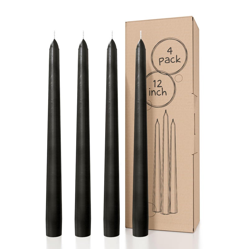 CANDWAX 12 inch Taper Candles Set of 4  Dripless and Smokeless Candle Unscented  Slow Burning Black Tapered Candle Sticks Ideal for Any Event  Coal Black Candles