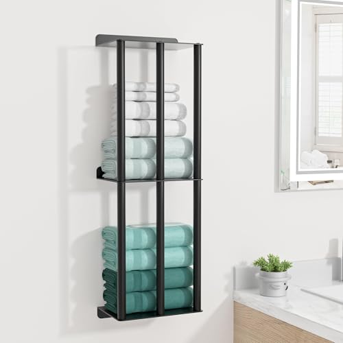 susswiff Towel Racks for Bathroom: 26 Inch Wall Mounted Towel Holder, Upgrade 2-Tier Towel Rack with 3-Vertical-Bars and 3-Steel-Shelves, for Modern Decor Bathroom Towel Storage (Matte Black) - Image 1