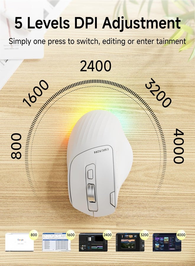Eweadn ماوس EWEADN C2 اللاسلكي العمودي المريح، مزود بإضاءة RGB، قابل لإعادة الشحن، يعمل بتقنية Bluetooth و2.4G، هادئ، دقة تتبع بصري 4000 نقطة في البوصة، 5 مستويات DPI قابلة للتعديل، نقرات هادئة لأجهزة الكمبيوتر المحمولة والمكتبية وأجهزة الكمبيوتر الشخصية وأجهزة MacBook - أبيض - Image 5