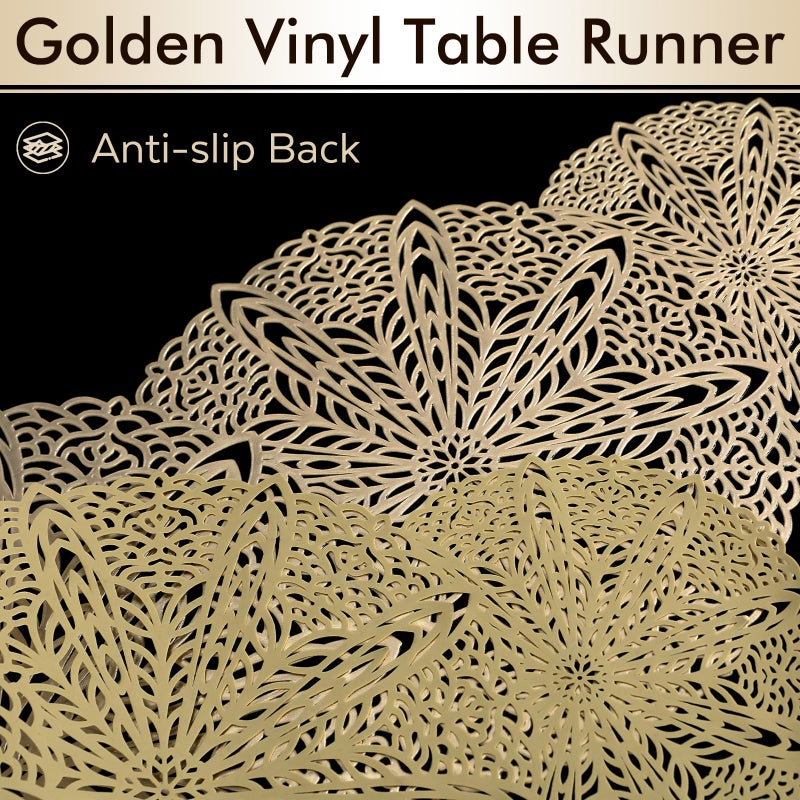 FAVE Gold Small Table Runner 36 Inch Heat Resistant Vinyl Table Cover for Dinner Party Wedding Decor(Gold Sphere) - Image 2