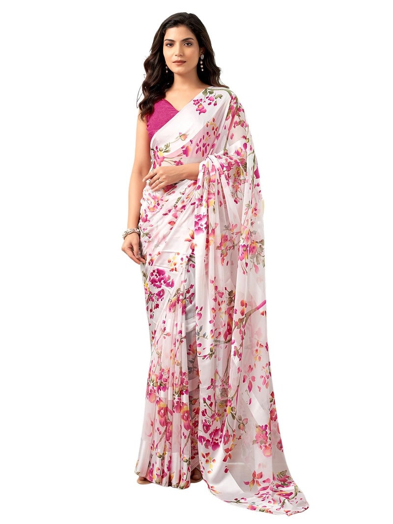 Satrani Women's Georgette Floral Printed Satin Stripe Saree with Unstitched Blouse Piece (3881S125N_White & Pink) - Image 1
