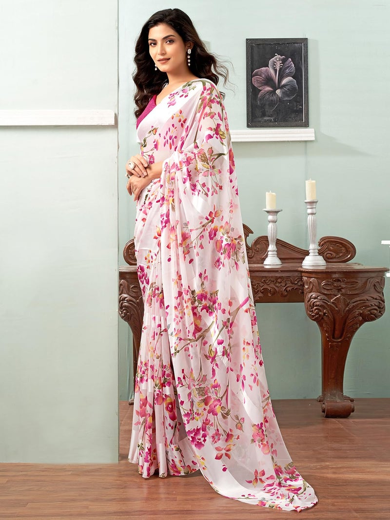Satrani Women's Georgette Floral Printed Satin Stripe Saree with Unstitched Blouse Piece (3881S125N_White & Pink) - Image 2
