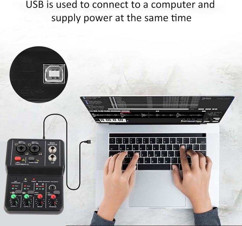 خلاط صوت USB من Pissente بقناتين، لوحة صوت محمولة مع طاقة 48 فولت للتسجيل والكاريوكي والبث عبر الكمبيوتر - Image 4