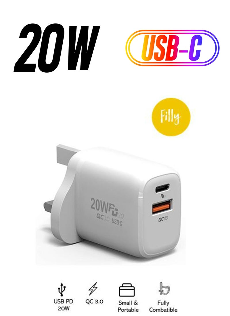 Filly 20W USB C PD Fast Charger, Dual Port Type-C QC3.0 Wall Adapter UK Plug, compatible with iPhone 13/12/12 Mini/12 Pro/12 Pro Max, Galaxy, Pixel 4/3, iPad Pro,  (Without Cable, White)  - Image 1