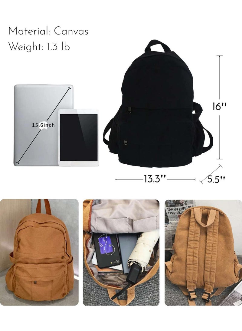 Unisex Black Canvas Backpack, Vintage Aesthetic Basic Style for Travel &  Laptop - Image 5