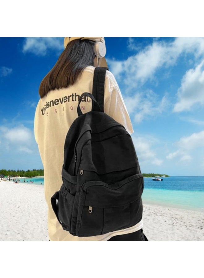 Unisex Black Canvas Backpack, Vintage Aesthetic Basic Style for Travel &  Laptop - Image 3