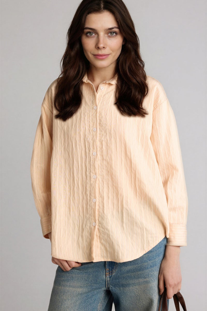 DeFacto Beige Woman Regular Fit Woven Striped Long Sleeve Tunic Casual - Image 1