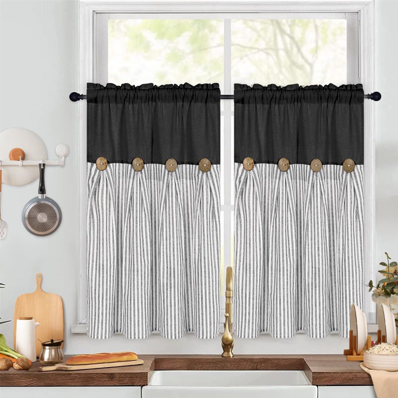ASPMIZ Cotton Linen Farmhouse Kitchen Curtains, Black with Grey Stripe Tier Curtain 36 Inch Lenth, Boho Rustic Button Short Curtains for Small Window, Half Window Curtain for Kitchen Cafe, 2 Panels - Image 2