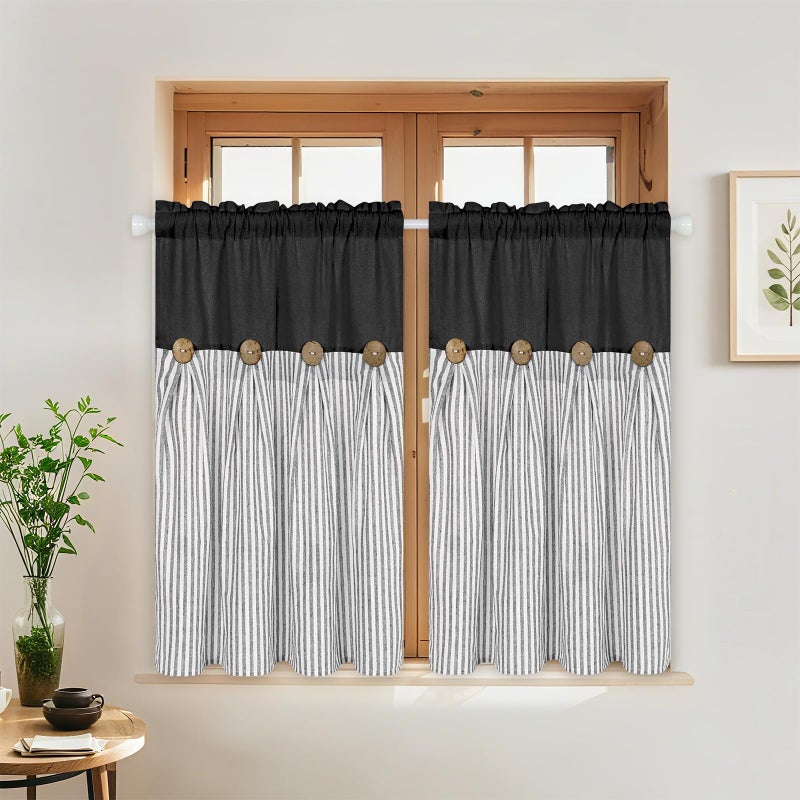 ASPMIZ Cotton Linen Farmhouse Kitchen Curtains, Black with Grey Stripe Tier Curtain 36 Inch Lenth, Boho Rustic Button Short Curtains for Small Window, Half Window Curtain for Kitchen Cafe, 2 Panels - Image 1
