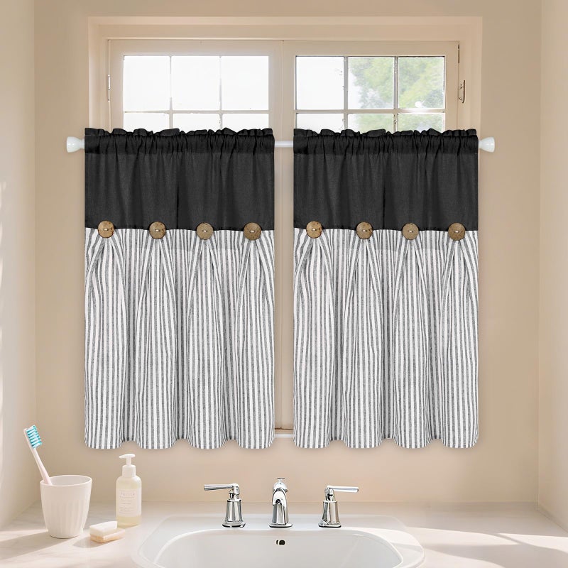 ASPMIZ Cotton Linen Farmhouse Kitchen Curtains, Black with Grey Stripe Tier Curtain 36 Inch Lenth, Boho Rustic Button Short Curtains for Small Window, Half Window Curtain for Kitchen Cafe, 2 Panels - Image 3