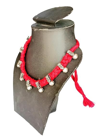 athizay Collar Necklace for Women Ethnic Jewelry Thread Choker Embellished with Pearl like Silver Beads Handcrafted by Indian Artisans (Red, Silver) - Image 4