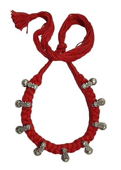 athizay Collar Necklace for Women Ethnic Jewelry Thread Choker Embellished with Pearl like Silver Beads Handcrafted by Indian Artisans (Red, Silver) - Image 1