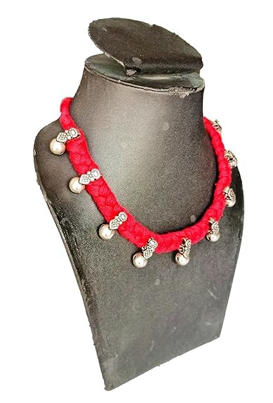 athizay Collar Necklace for Women Ethnic Jewelry Thread Choker Embellished with Pearl like Silver Beads Handcrafted by Indian Artisans (Red, Silver) - Image 3
