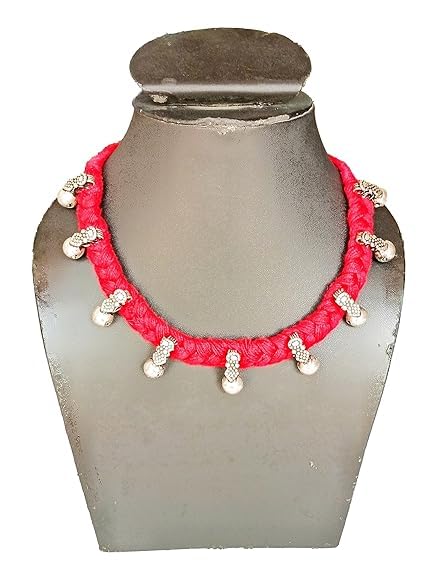 athizay Collar Necklace for Women Ethnic Jewelry Thread Choker Embellished with Pearl like Silver Beads Handcrafted by Indian Artisans (Red, Silver) - Image 2