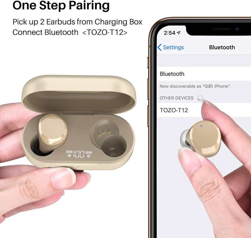 TOZO T12 (Large Ergonomic Edition) Wireless Earbuds Bluetooth 5.3 Headphones Premium Sound Performance Touch Control LED Digital Display Wireless Charging Case Earphones, Champagne - Image 2