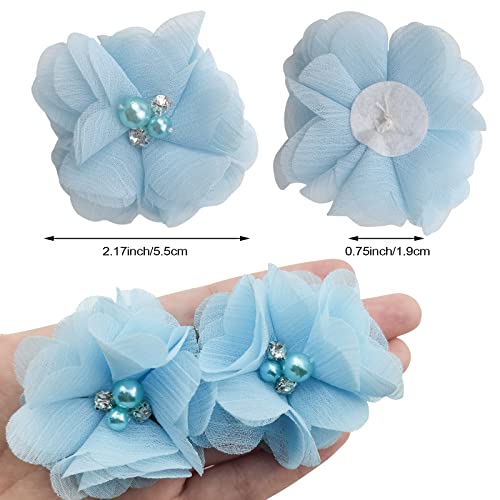 DonLeeving 30 PCS Rhinestone Pearl Blue Chiffon Flower Sewing Fabric Appliques for Clothing, Headbands Flower, Crafts, Party Decoration, Sewing Applique - Image 2