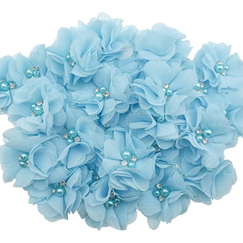 DonLeeving 30 PCS Rhinestone Pearl Blue Chiffon Flower Sewing Fabric Appliques for Clothing, Headbands Flower, Crafts, Party Decoration, Sewing Applique - Image 1