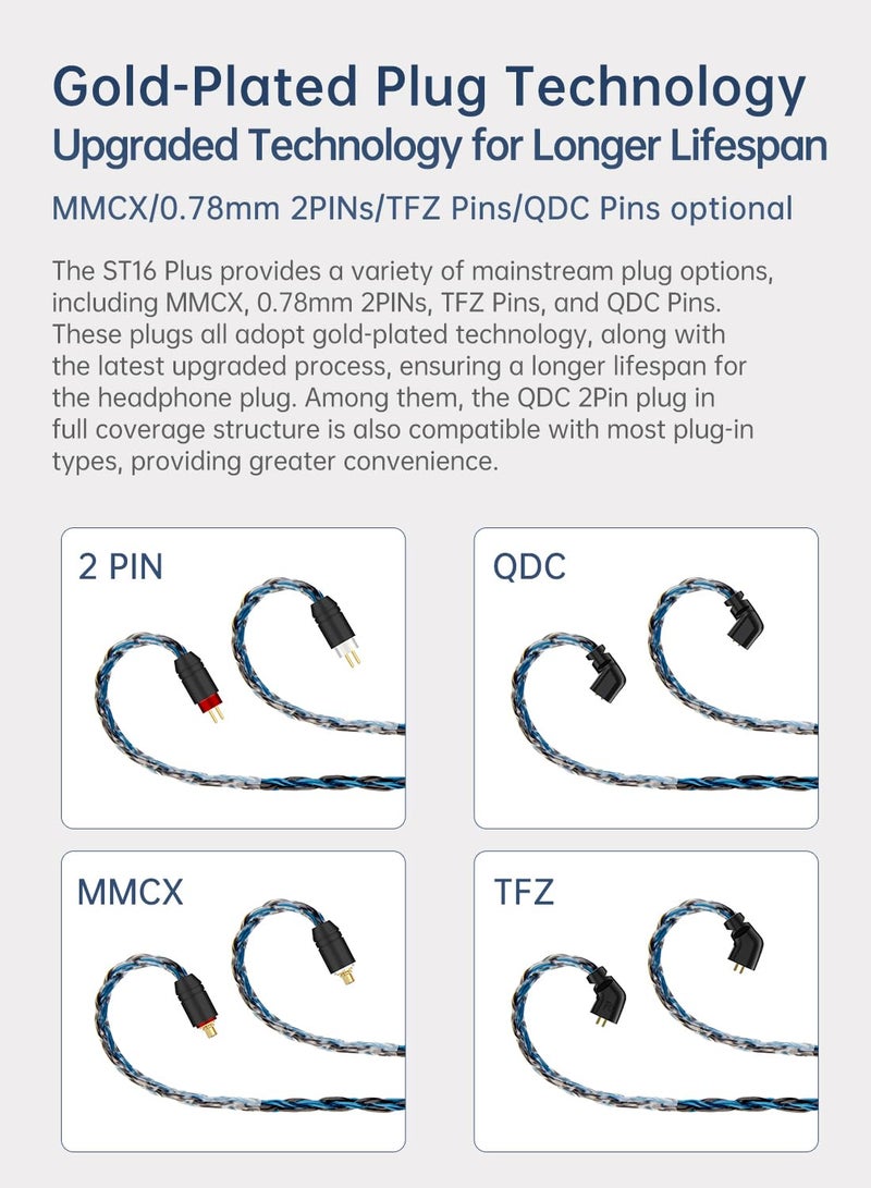 keephifi كابل سماعة بطول 2 متر KBEAR ST16 Plus 16-core بطول 2 متر كابل IEM 5N OCC مطلي بالفضة ترقية كابل سماعة رأس مضفر مع قابس مطلي بالذهب 3.5 (3.5 مم 2PIN 0.78MM، أسود أزرق) - Image 4