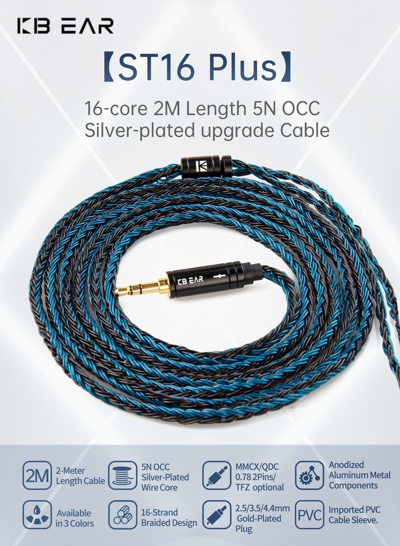 keephifi كابل سماعة بطول 2 متر KBEAR ST16 Plus 16-core بطول 2 متر كابل IEM 5N OCC مطلي بالفضة ترقية كابل سماعة رأس مضفر مع قابس مطلي بالذهب 3.5 (3.5 مم 2PIN 0.78MM، أسود أزرق) - Image 2