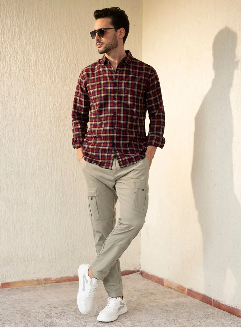 دينيس لينغو Men's Slim Fit Red Casual Cotton Spread Shirt