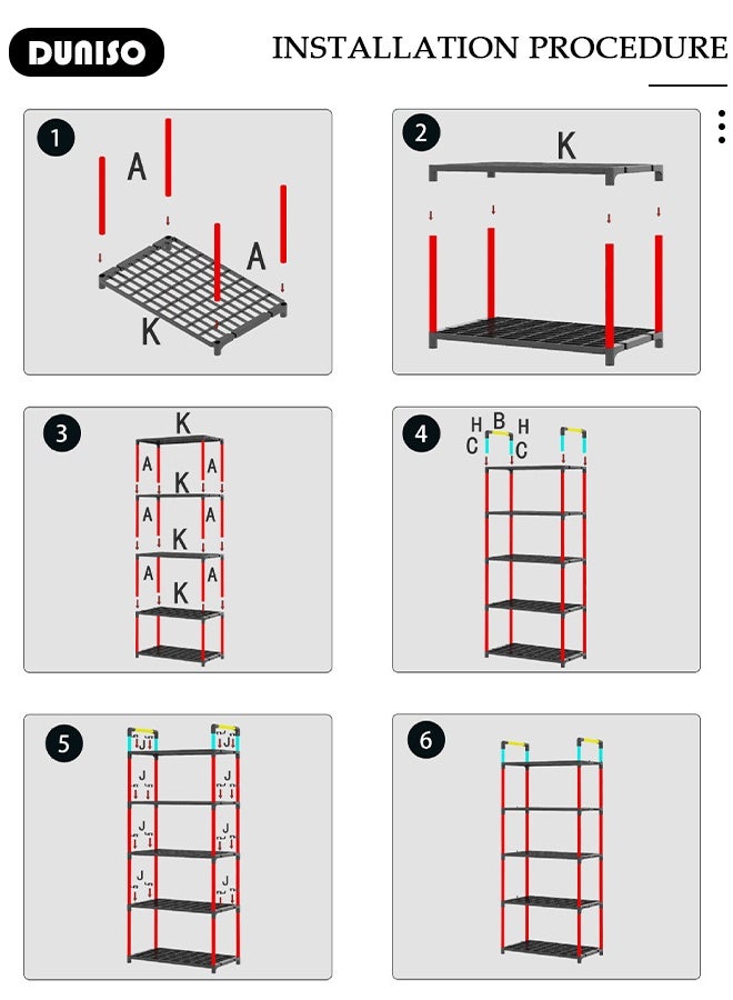 DUNISO رفوف تخزين من 5 طبقات، منظم رف المطبخ المستقر، رف تخزين مع مساند، رف قائم قابل للإزالة مع خطافات، منظم تخزين متعدد الوظائف، وحدة رفوف لغرفة الغسيل، غرفة المعيشة، المرآب، المخزن، غرفة الدراسة - Image 4