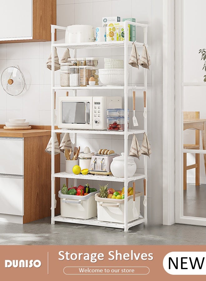 DUNISO رفوف تخزين من 5 طبقات، منظم رف المطبخ المستقر، رف تخزين مع مساند، رف قائم قابل للإزالة مع خطافات، منظم تخزين متعدد الوظائف، وحدة رفوف لغرفة الغسيل، غرفة المعيشة، المرآب، المخزن، غرفة الدراسة - Image 1