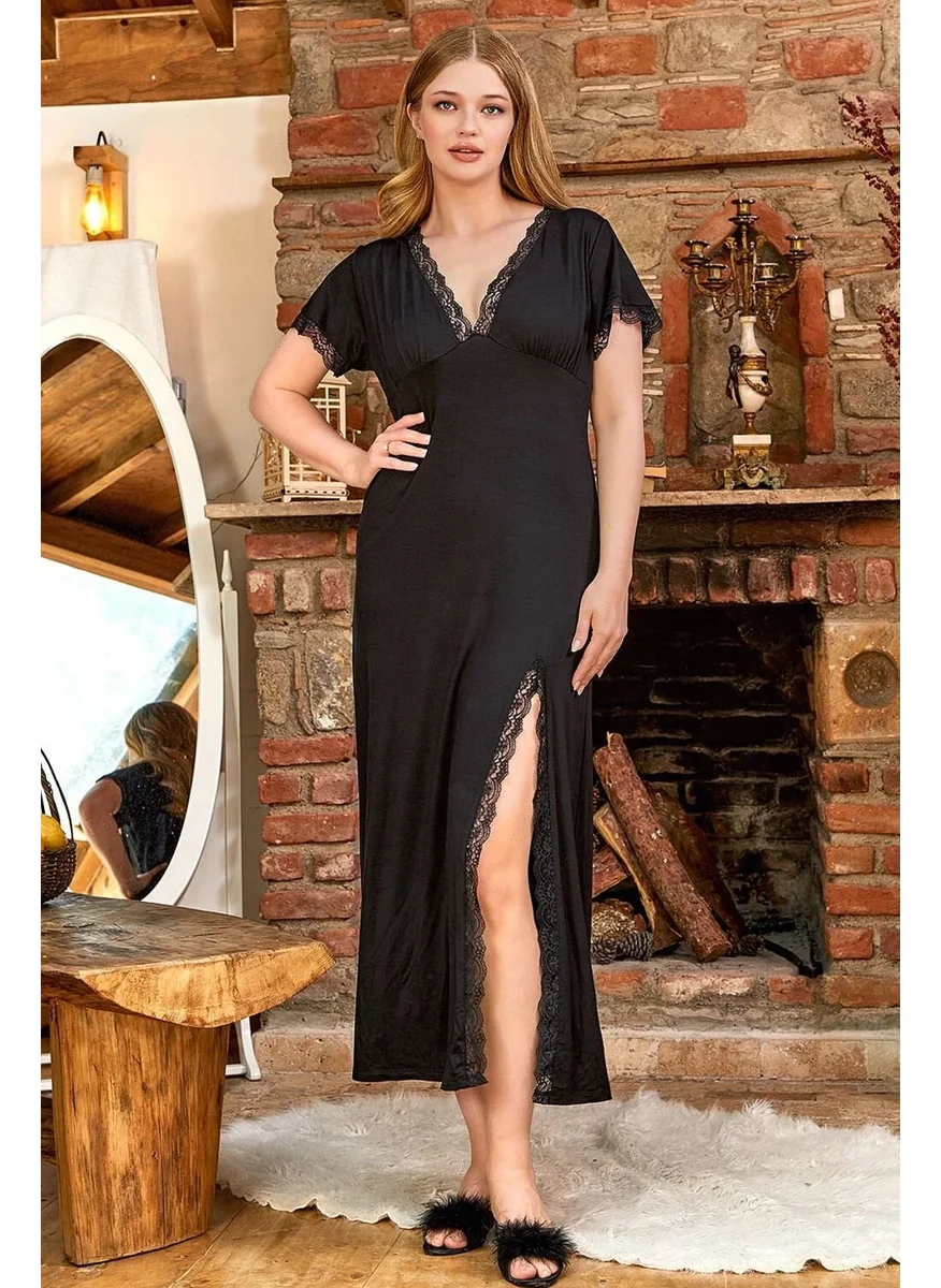 Cossy By Aqua 25166 Women's Lace and Slit Detailed Short Sleeve Nightgown-Black