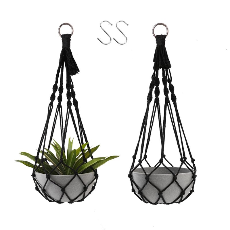 Artilady Black Plant Hanger Macrame Hanging Planter for Indoor Boho Plants Holder with Hooks Hanging Plant Basket Outdoor Window Wall Plants Home Decor (Black Macrame-2pcs) - Image 1