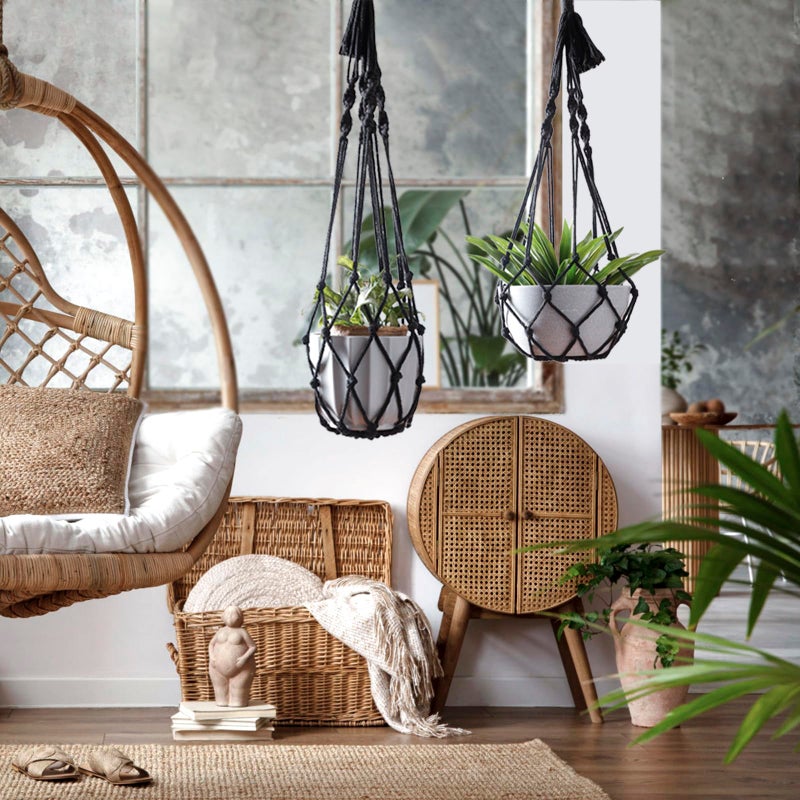 Artilady Black Plant Hanger Macrame Hanging Planter for Indoor Boho Plants Holder with Hooks Hanging Plant Basket Outdoor Window Wall Plants Home Decor (Black Macrame-2pcs) - Image 2