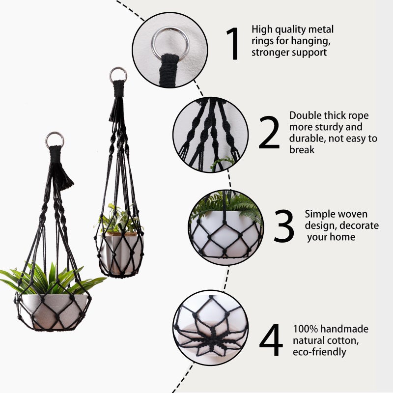 Artilady Black Plant Hanger Macrame Hanging Planter for Indoor Boho Plants Holder with Hooks Hanging Plant Basket Outdoor Window Wall Plants Home Decor (Black Macrame-2pcs) - Image 3