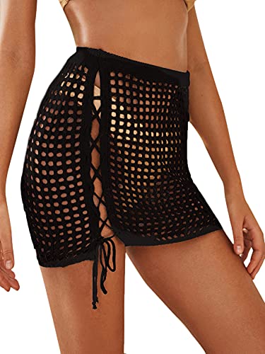 MakeMeChic Women's Crochet Cover Up Skirt Tassel Knit Mini Beach Cover Up Black M - Image 4
