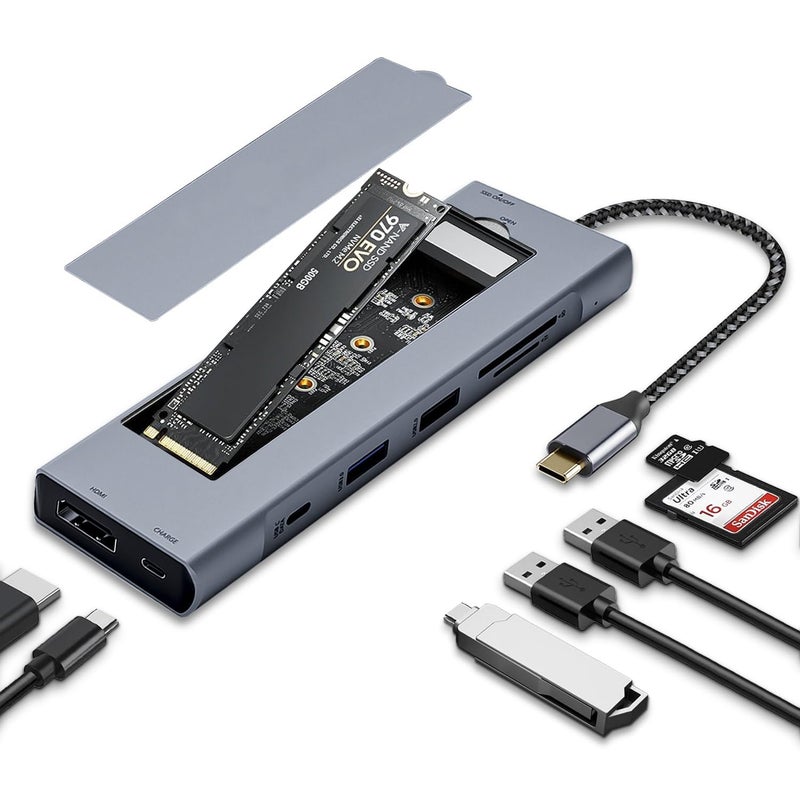 OseTub 8-in-1 USB C Hub with M.2 NVMe SSD Enclosure, 4K HDMI, 100W PD, 10Gbps USB-C, USB3.1, SD/TF Card Reader for XPS, Dell, MacBook Pro, iPad Pro Upgraded - Image 1