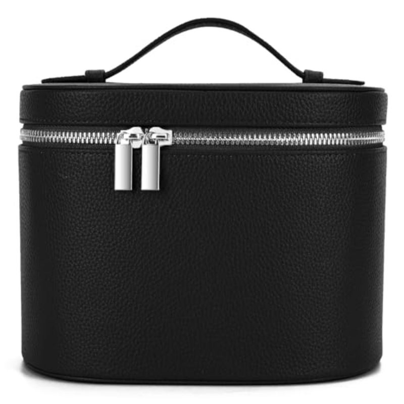 Travel toiletry bag for makeup organization, made of durable nylon, black color, features removable divider and portable compact design - Image 1