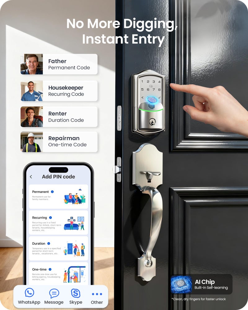 Veise VE027-H Built-in Wi-Fi Fingerprint Smart Deadbolt Lock with Handleset, App Remote & Voice Control, Keyless Entry Front Door Lock Set, Touchscreen Keypad, Auto-Lock, Easy Setup, Satin Nickel - Image 5