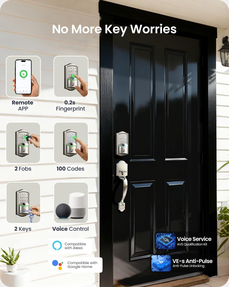 Veise VE027-H Built-in Wi-Fi Fingerprint Smart Deadbolt Lock with Handleset, App Remote & Voice Control, Keyless Entry Front Door Lock Set, Touchscreen Keypad, Auto-Lock, Easy Setup, Satin Nickel - Image 3
