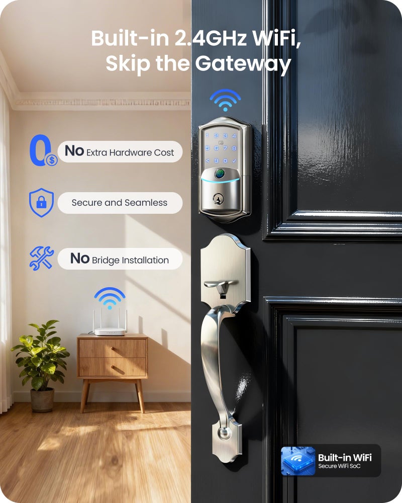 Veise VE027-H Built-in Wi-Fi Fingerprint Smart Deadbolt Lock with Handleset, App Remote & Voice Control, Keyless Entry Front Door Lock Set, Touchscreen Keypad, Auto-Lock, Easy Setup, Satin Nickel - Image 2