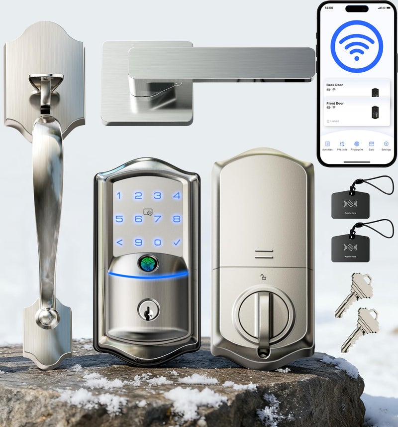Veise VE027-H Built-in Wi-Fi Fingerprint Smart Deadbolt Lock with Handleset, App Remote & Voice Control, Keyless Entry Front Door Lock Set, Touchscreen Keypad, Auto-Lock, Easy Setup, Satin Nickel - Image 1