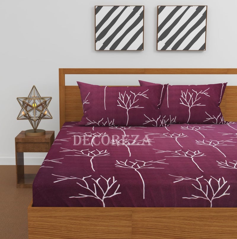 DECOREZA 280 TC Cotton Feel All Around Elastic Fitted Bedsheets,Elastic Fitted Bedsheets Queen Size,Bedsheet for Double Bed Elastic Fitted with 2 Pillow Covers,Size - 60 x 78 x 8 Inch,Maroon Tree - Image 3