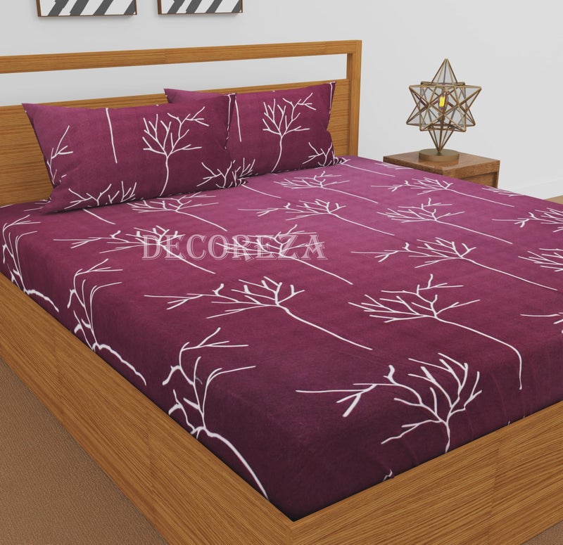 DECOREZA 280 TC Cotton Feel All Around Elastic Fitted Bedsheets,Elastic Fitted Bedsheets Queen Size,Bedsheet for Double Bed Elastic Fitted with 2 Pillow Covers,Size - 60 x 78 x 8 Inch,Maroon Tree - Image 1