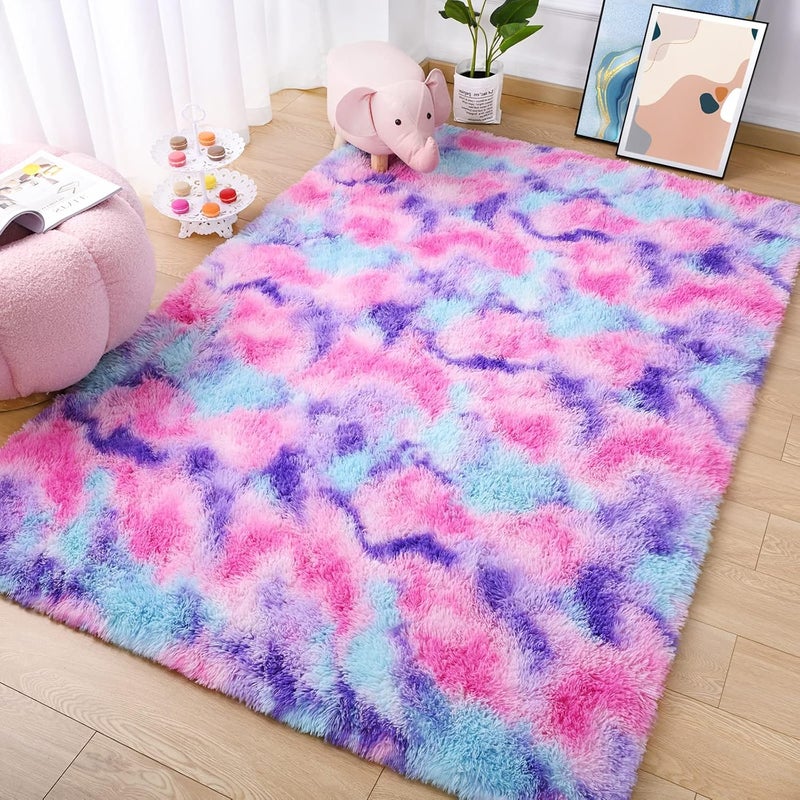 AROGAN Soft Rainbow Area Rugs for Girls Room 3x5 Feet, Fluffy Cute Colorful Princess Carpet for Kids Teens Nursery Toddler,Bedroom Hot Pink - Image 3