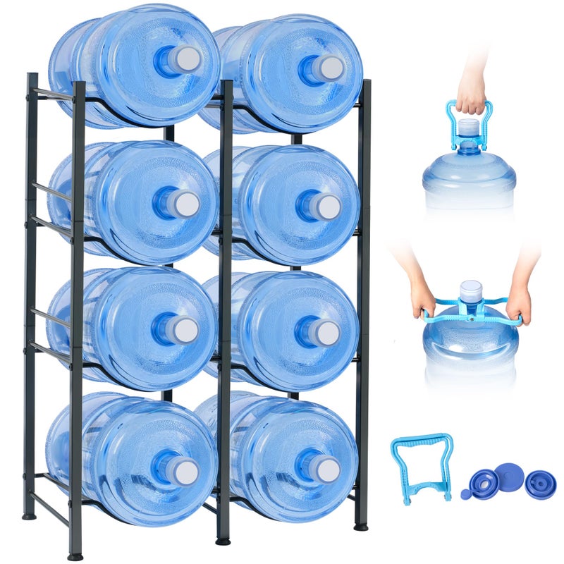 Klvied 5 Gallon Water Jug Holder  Double Row Rack with 8 Slots for Water Bottle Organizer Heavy Duty Storage Rack with Lifter Stand for 8 Bottles