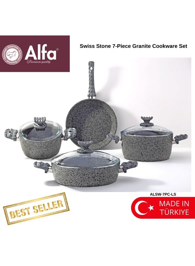 ALFA 7 Piece Swiss Stone Granite Cookware Set Non Stick Induction Base Premium Kitchen Pots and Pans Set Made in Türkiye - Image 1