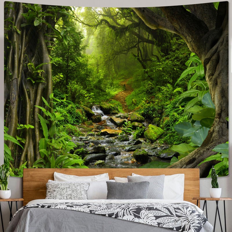 AMM Green Rainforest Tapestry Nature Forest Tapestry for Bedroom Aesthetic Misty Tropical Jungle Trees Flowing Stream Landscape Tapestries Wall Hanging for Living Room Dorm 90 x 68 Inch - Image 5