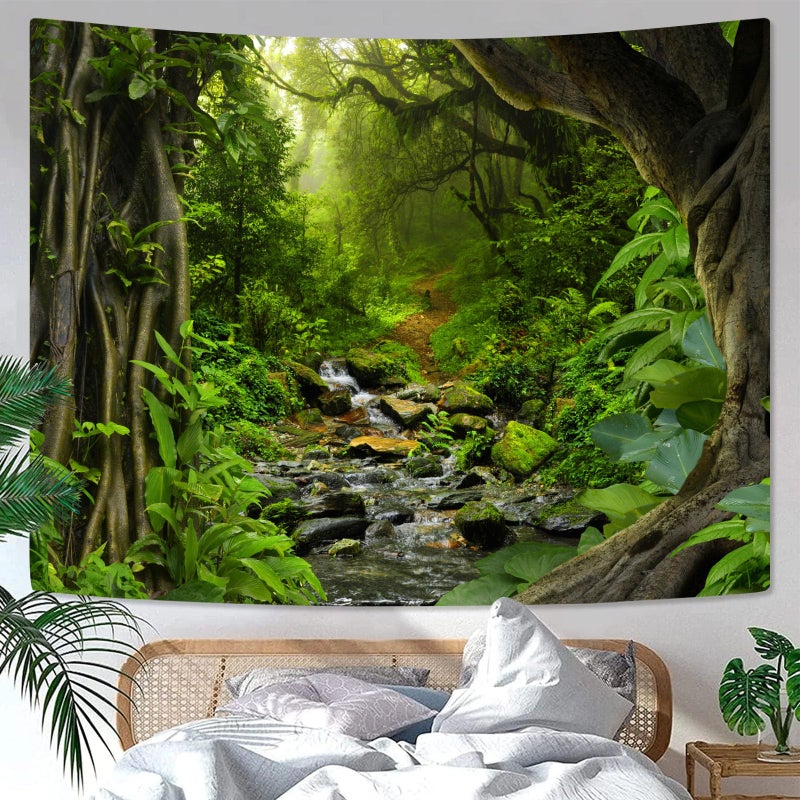 AMM Green Rainforest Tapestry Nature Forest Tapestry for Bedroom Aesthetic Misty Tropical Jungle Trees Flowing Stream Landscape Tapestries Wall Hanging for Living Room Dorm 90 x 68 Inch - Image 4