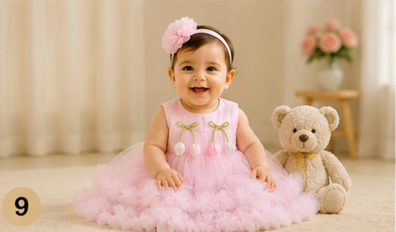 Artemea Artemea Baby Girls Pom Pom Embellished Layered Mesh Party Dress - Pink
