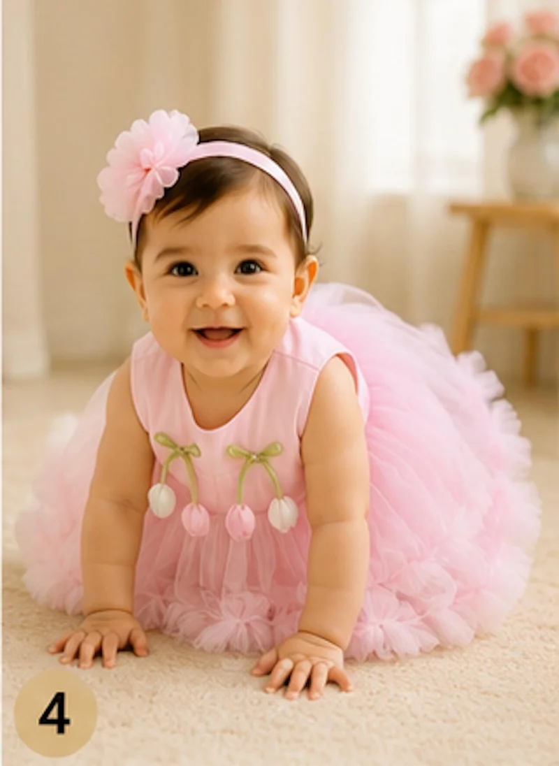 أرتيميا Artemea Baby Girls Pom Pom Embellished Layered Mesh Party Dress - Pink