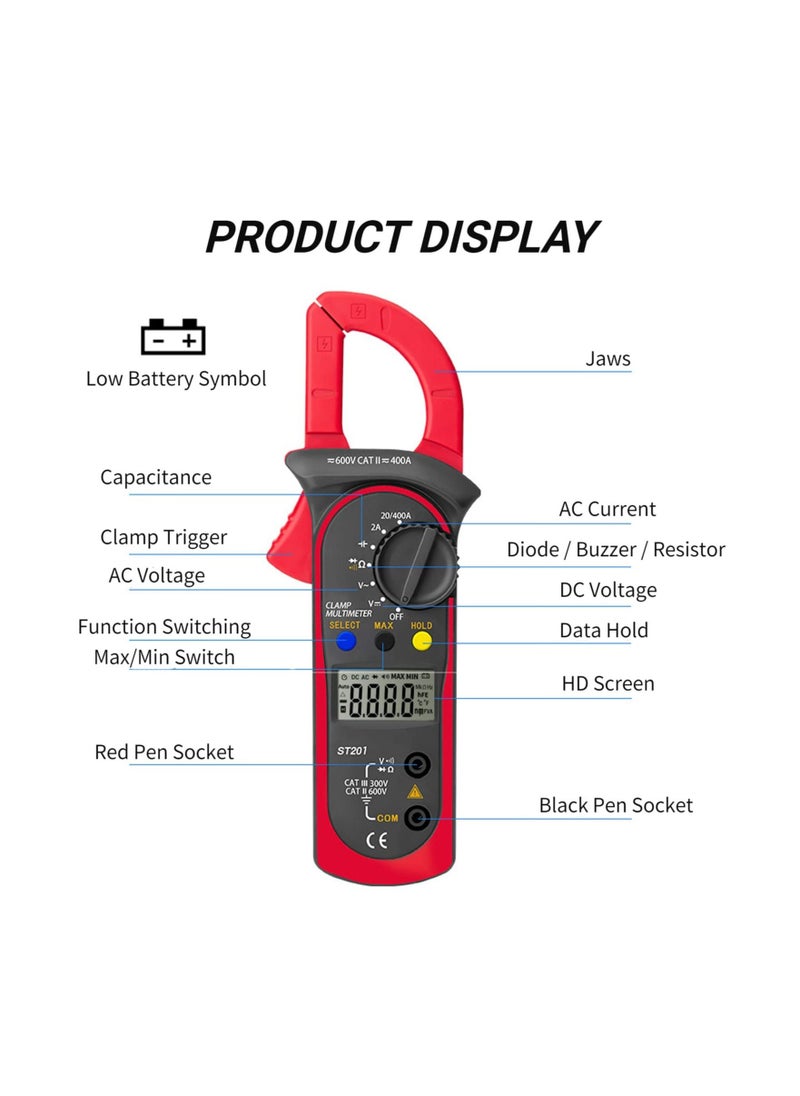 Meiyilan - Digital Clamp Meter, ST200 4000 Counts Multimeter Voltage Tester Amp Meter, Measuring AC DC Voltage Current Resistance Capacitance Diodes Frequency Continuity (Red) - Image 1