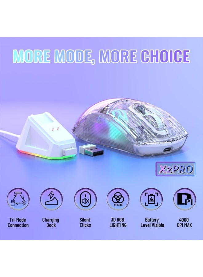 هجوم القرش ماوس ألعاب لاسلكي مع قاعدة شحن RGB X2 Pro، ماوس ألعاب كمبيوتر ثلاثي الأوضاع 2.4 جيجاهرتز/بلوتوث/سلكي، ماوس صامت بإضاءة خلفية RGB، غلاف شفاف، PixArt 3212 4000 نقطة في البوصة، لنظامي التشغيل Windows وMAC - أبيض - Image 2